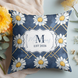 Marineblauw geruit monogram decor met madeliefjes kussen