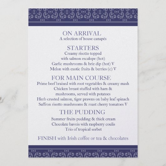 Marineblauw gestreepte metallic bruiloft diner men menu (Achterkant)