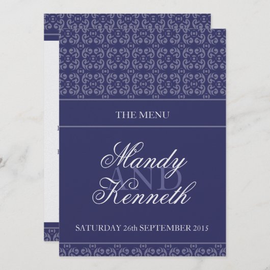Marineblauw gestreepte metallic bruiloft diner men menu (Voorkant / Achterkant)