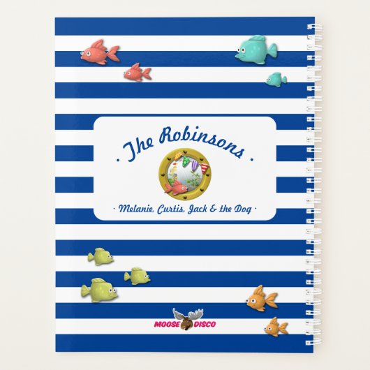 Marineblauw Gestreepte Nautische Zeemeermin Beach  Planner (Achterkant)