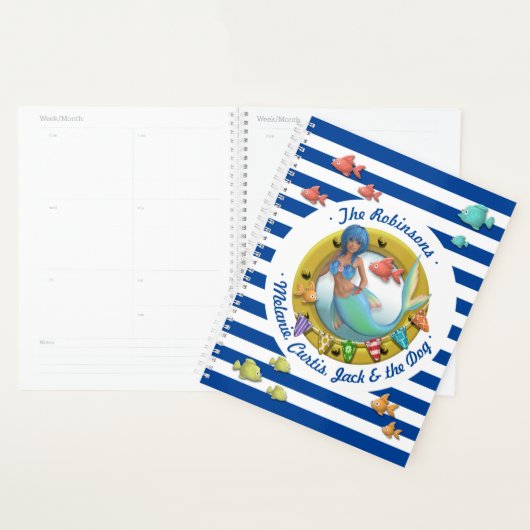 Marineblauw Gestreepte Nautische Zeemeermin Beach  Planner (Display)