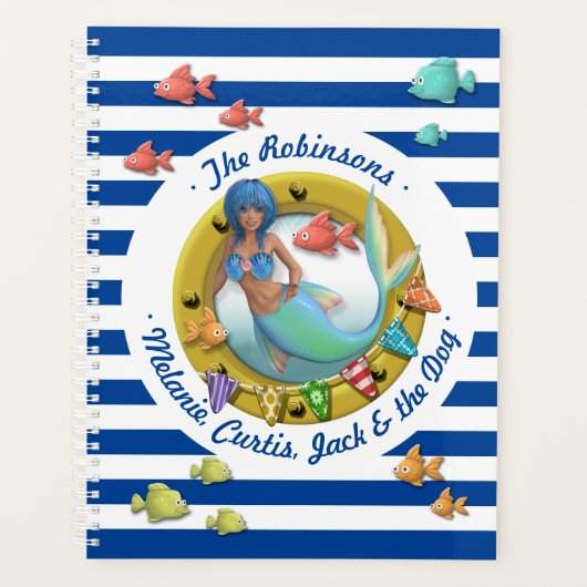 Marineblauw Gestreepte Nautische Zeemeermin Beach  Planner (Voorkant)