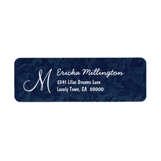 Marineblauw getextureerde achtergrond monogram ver etiket (Voorkant)