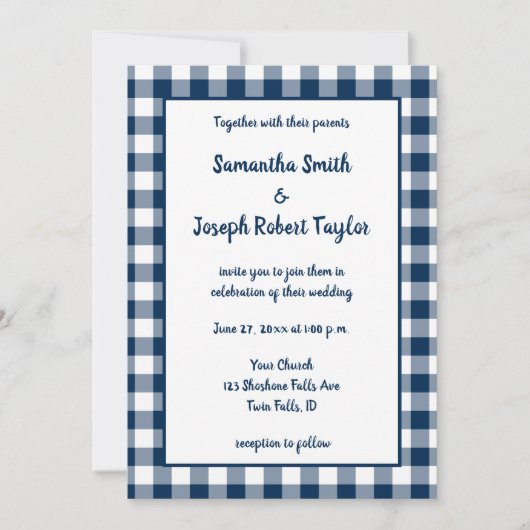 Marineblauw Gingham Patroon Bruiloft Kaart (Voorkant)