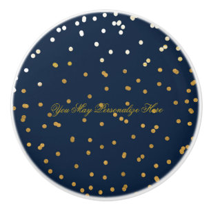 Marineblauw & glanzend gouden namaakfolie-confetti keramische knop
