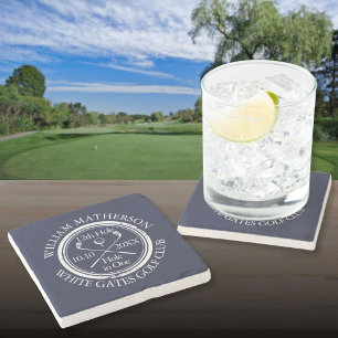 Marineblauw golf hole in one gepersonaliseerd stenen onderzetter