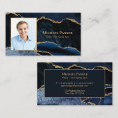 Marineblauw Goud Agate Foto Professioneel Visitekaartje (Voorkant / Achterkant)