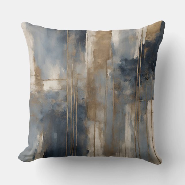 Marineblauw Goud Beige Abstract Waterverf Kussen (Voorkant)