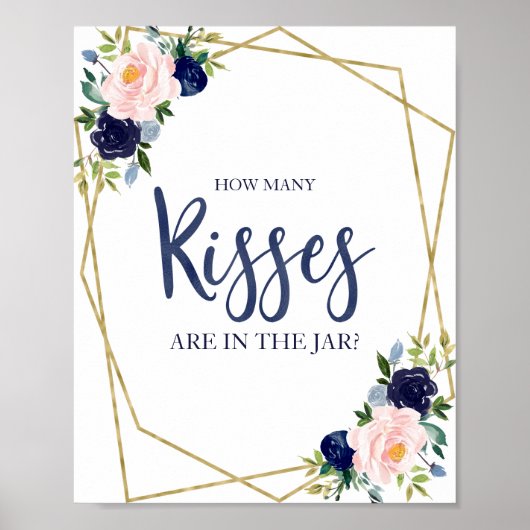 Marineblauw Goud Bloem Hoeveel Kusjes Bordje Poster (Voorkant)