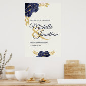 Marineblauw Goud Bloemen Bruiloft Welkomstbord 24x Poster (Keuken)