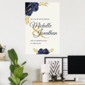 Marineblauw Goud Bloemen Bruiloft Welkomstbord 24x Poster (Thuiskantoor)