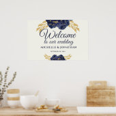 Marineblauw Goud Bloemen Bruiloft Welkomstbord 30x Poster (Keuken)