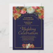 Marineblauw & Goud  Bloemen Elegant Bruiloft Kaart (Voorkant)