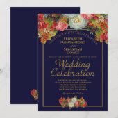 Marineblauw & Goud  Bloemen Elegant Bruiloft Kaart (Voorkant / Achterkant)