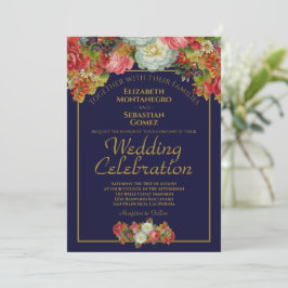 Marineblauw & Goud  Bloemen Elegant Bruiloft Kaart