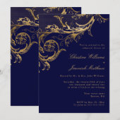  marineblauw goud bloemenrepetitie diner kaart (Voorkant / Achterkant)