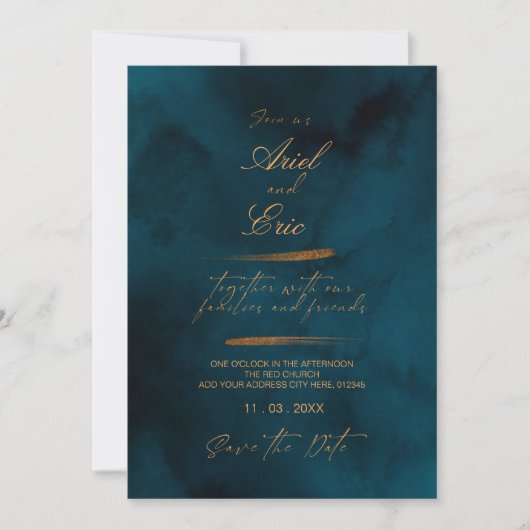 Marineblauw & Goud Bloemig Eucalyptus Elegante Tro Save The Date (Voorkant)