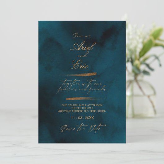 Marineblauw & Goud Bloemig Eucalyptus Elegante Tro Save The Date (Staand voorkant)