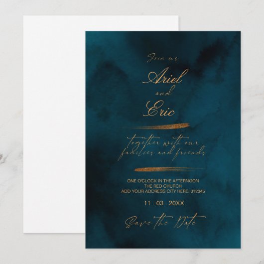 Marineblauw & Goud Bloemig Eucalyptus Elegante Tro Save The Date (Voorkant / Achterkant)