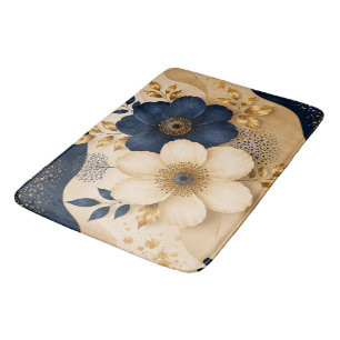 Marineblauw & Goud Botanisch Bloemmotief Badmat