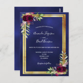 Marineblauw goud bruinbloemigen huwelijksuitnodigi briefkaart (Voorkant / Achterkant)