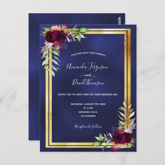 Marineblauw goud bruinbloemigen huwelijksuitnodigi briefkaart (Voorkant / Achterkant)
