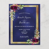 Marineblauw goud bruinbloemigen huwelijksuitnodigi briefkaart (Voorkant)