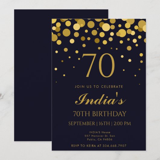 Marineblauw & Goud Confetti 70ste Verjaardagsfeest Kaart (Voorkant / Achterkant)