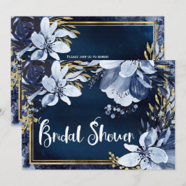 Marineblauw & Goud Elegant Modern Waterverf Bloeme Kaart