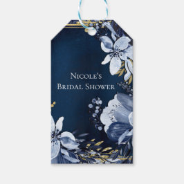 Marineblauw & Goud Elegant Modern Waterverf Bloemm Cadeaulabel