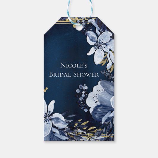 Marineblauw & Goud Elegant Modern Waterverf Bloemm Cadeaulabel (Voorkant)
