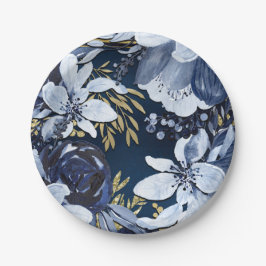 Marineblauw & Goud Elegant Modern Waterverf Bloemm Papieren Bordje