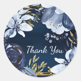 Marineblauw & Goud Elegant Modern Waterverf Bloemm Ronde Sticker