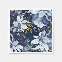 Marineblauw & Goud Elegant Modern Waterverf Bloemm Servet