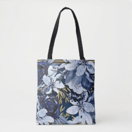 Marineblauw & Goud Elegant Modern Waterverf Bloemm Tote Bag