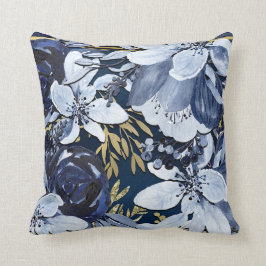 Marineblauw & Goud Elegant Modern Waterverf Bloems Kussen
