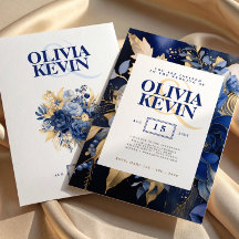 Marineblauw & goud elegante waterverf bloemenbruil