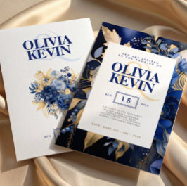 Marineblauw & goud elegante waterverf bloemenbruil kaart