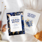 Marineblauw & goud elegante waterverf bloemenbruil kaart