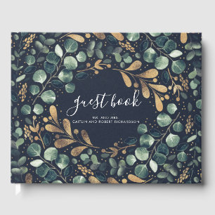 Marineblauw, Goud en Groen Vintage Bruiloft Gastenboek