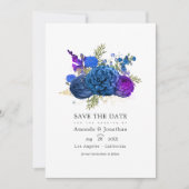 Marineblauw, goud en paars vintage bloem bruiloft save the date (Voorkant)
