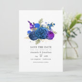 Marineblauw, goud en paars vintage bloem bruiloft save the date (Staand voorkant)