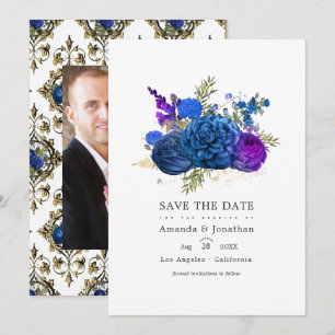 Marineblauw, Goud en Paars Vintage Bloemen Bruilof Save The Date