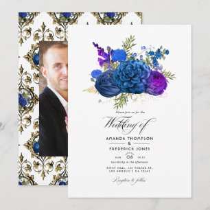 Marineblauw, Goud en Paarse Vintage Bloem Bruiloft Kaart