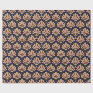 Marineblauw, Goud en Roze Art Deco Traandrupwaaier Cadeaupapier