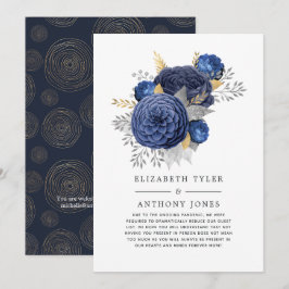 Marineblauw, Goud en Zilveren Bloemen Bruiloftsgas Aankondiging