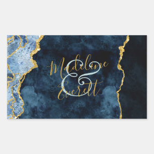 Marineblauw Goud Folie Agaten Monogram Trouw- Rechthoekige Sticker