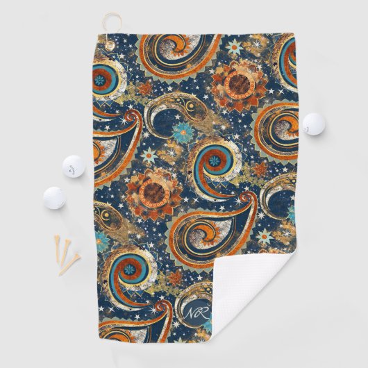Marineblauw Goud Hemels Paisley Patroon Monogram Golfhanddoek (Insitu)