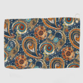 Marineblauw Goud Hemels Paisley Patroon Monogram Golfhanddoek (Horizontaal)