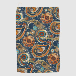 Marineblauw Goud Hemels Paisley Patroon Monogram Golfhanddoek